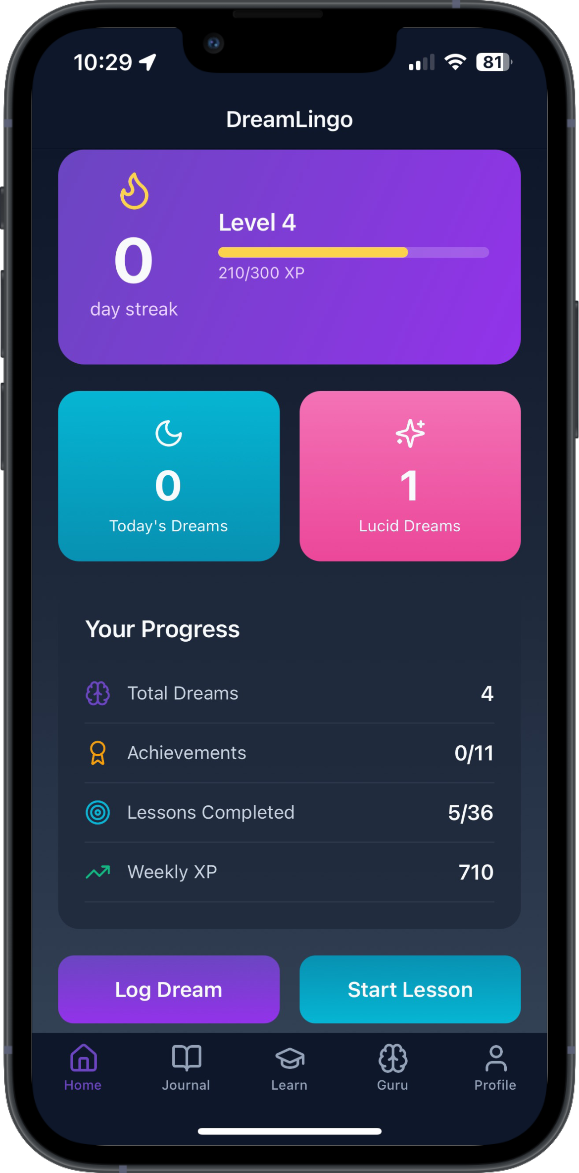 DreamLingo Home Screen